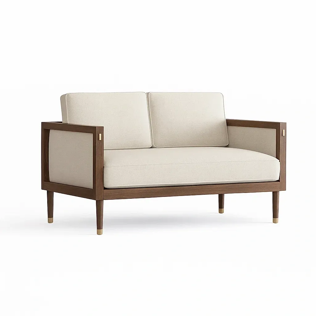 Canapé deux places en tissu beige avec structure en noyer