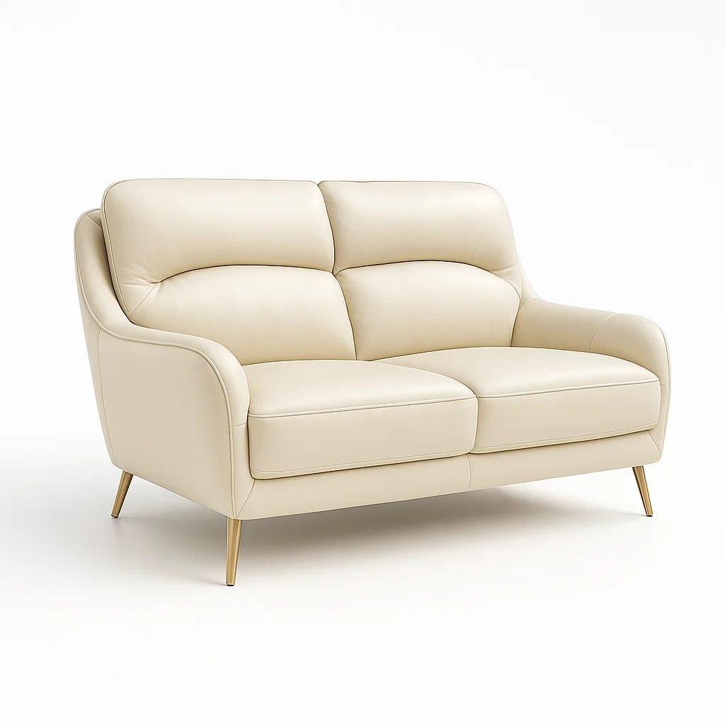 Canapé deux places en cuir synthétique beige avec pieds métalliques