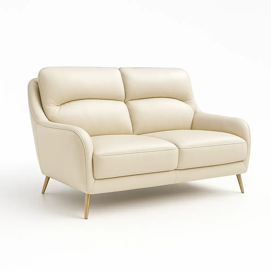 Canapé deux places en cuir synthétique beige avec pieds métalliques
