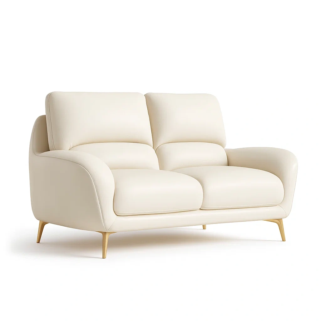 Canapé deux places en cuir synthétique crème avec pieds métalliques dorés
