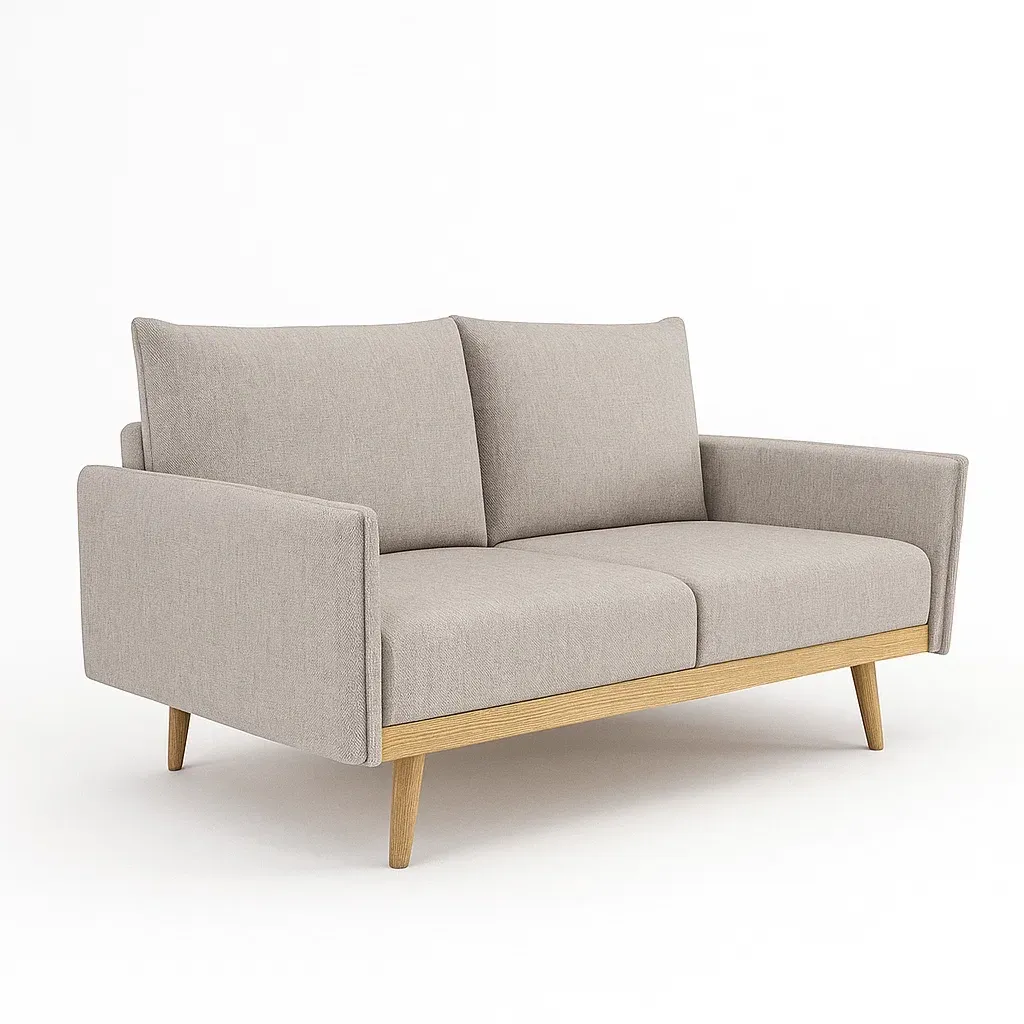 Canapé deux places en tissu beige avec structure en bois