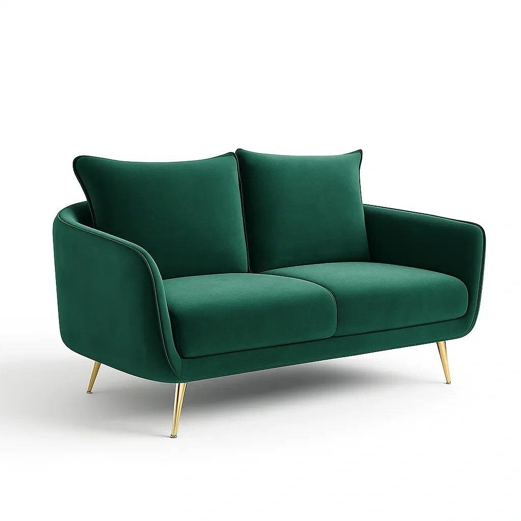 Canapé deux places en velours vert avec pieds métalliques dorés