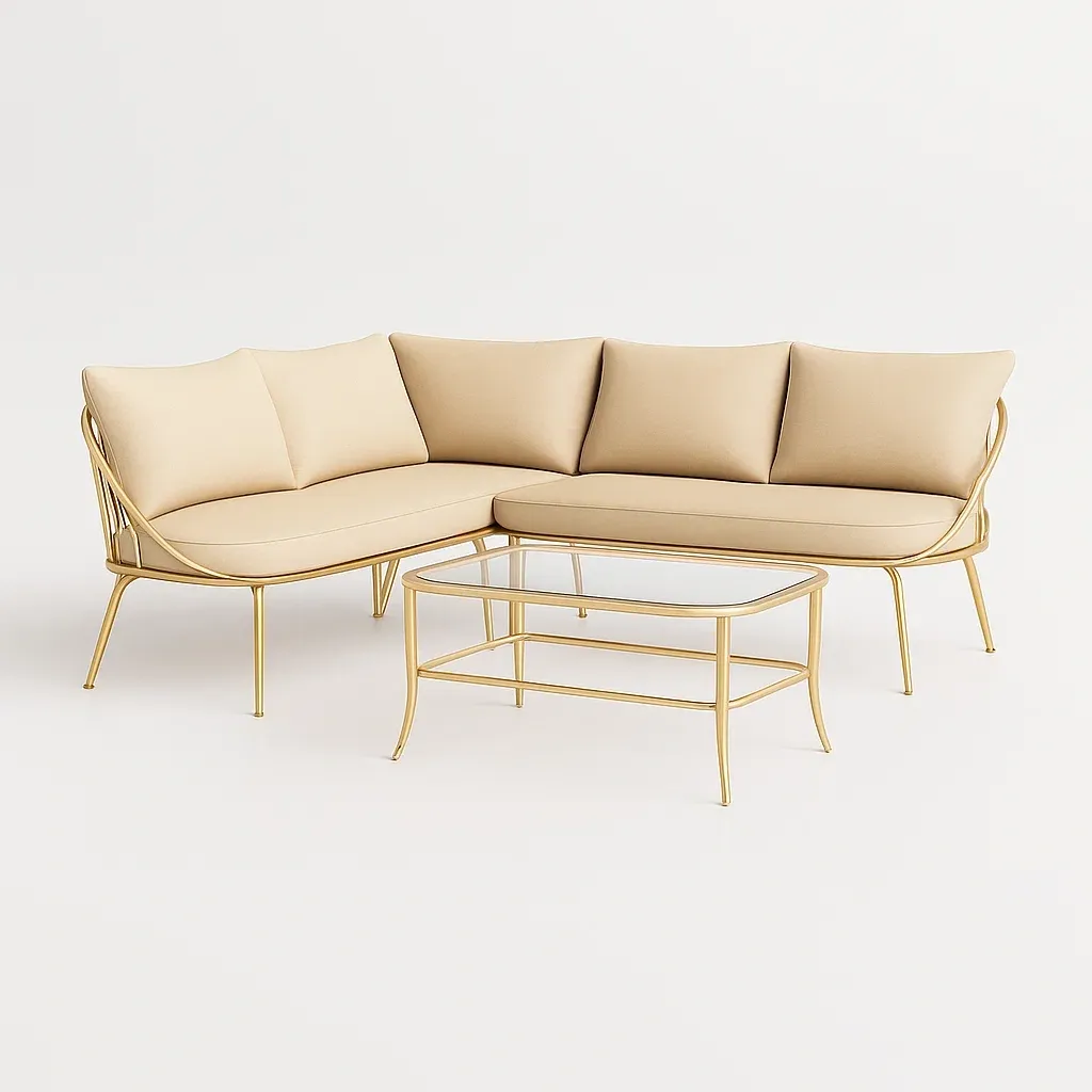 Ensemble de canapé d’extérieur avec canapé d’angle en métal doré et table basse avec coussins beige