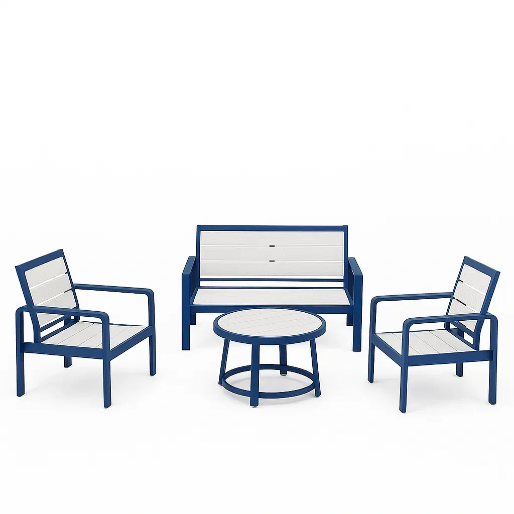 Ensemble de canapé d’extérieur en métal et bois composite bleu/blanc
