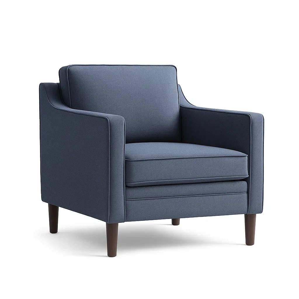 Fauteuil en tissu bleu avec pieds en bois