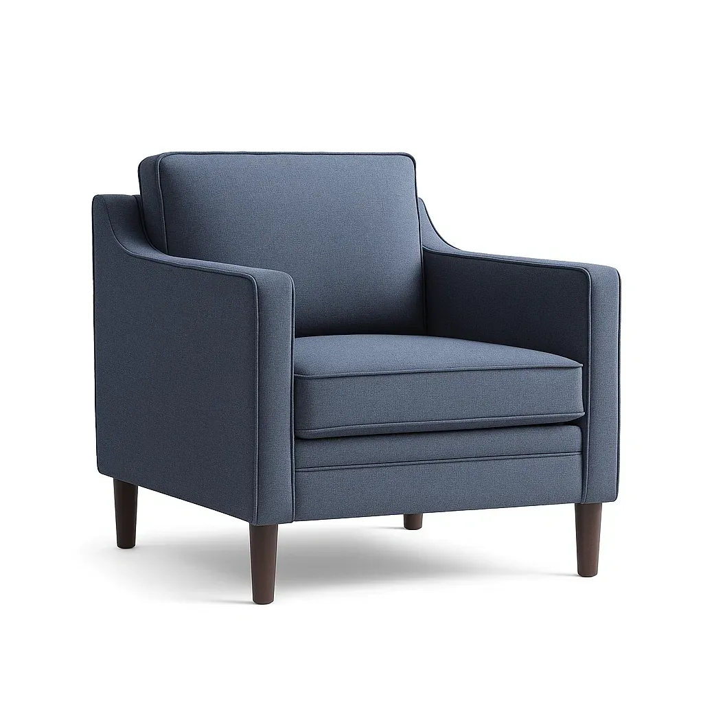 Fauteuil en tissu bleu avec pieds en bois