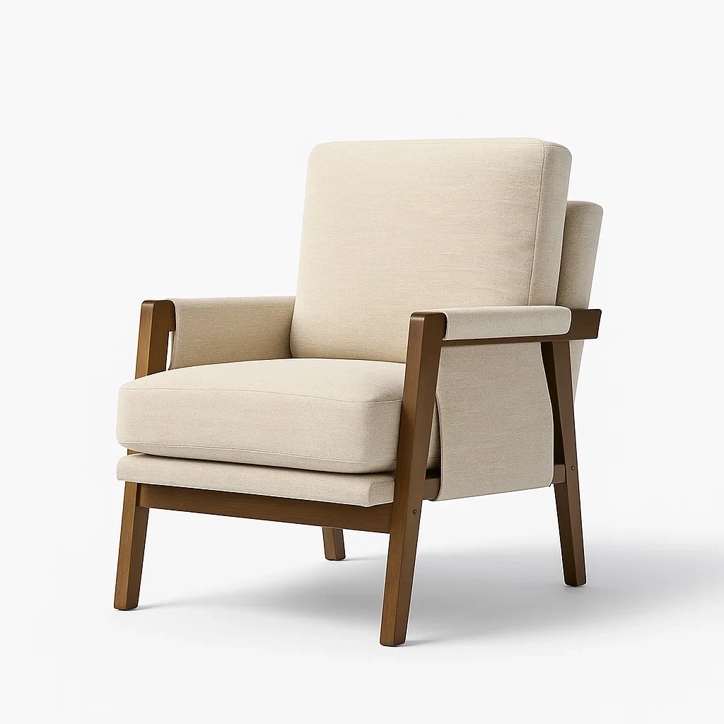 Fauteuil en tissu polyester beige avec structure en bois massif
