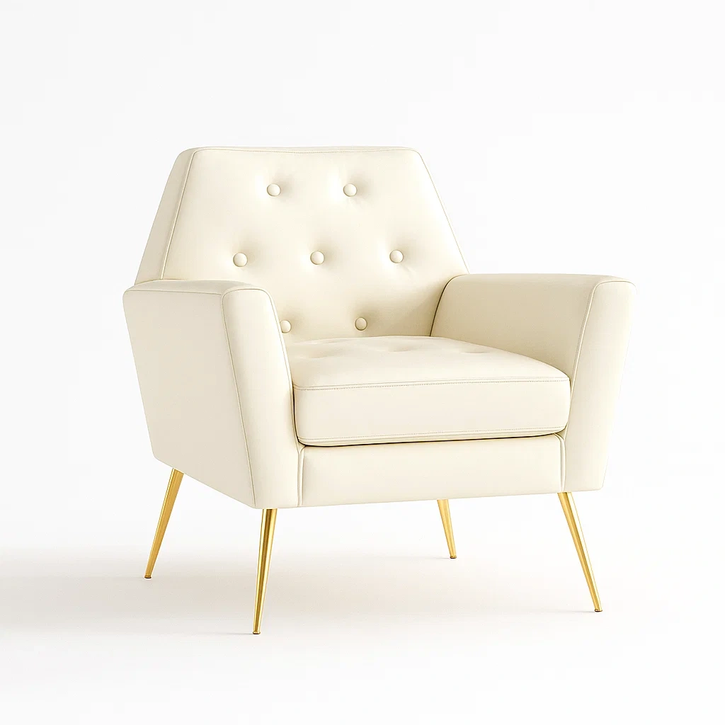Fauteuil en similicuir crème avec pieds en métal doré