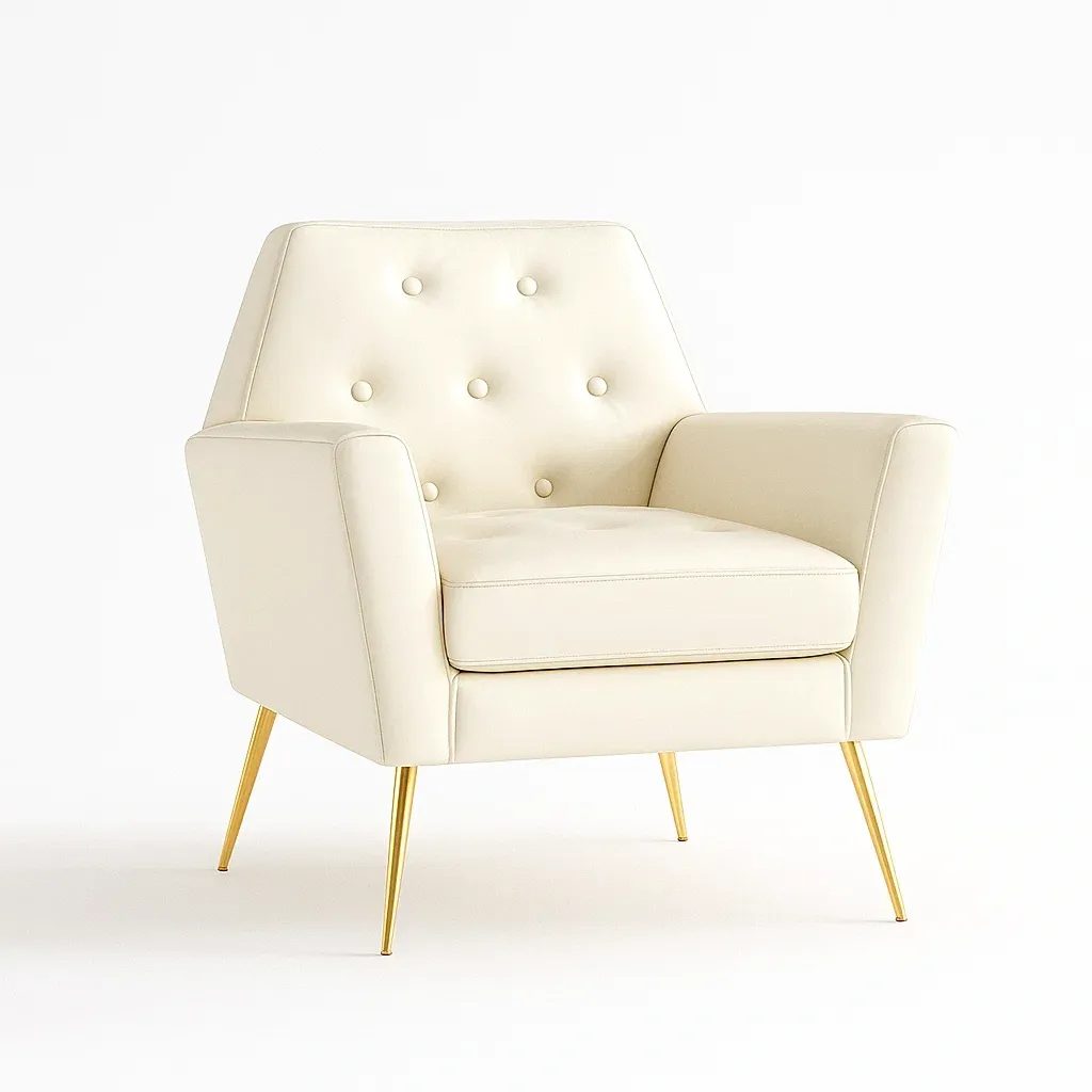 Fauteuil en similicuir crème avec pieds en métal doré