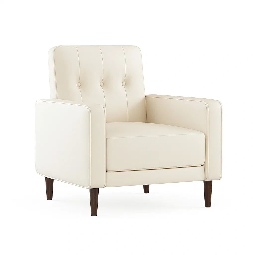 Fauteuil en cuir synthétique crème avec pieds en bois