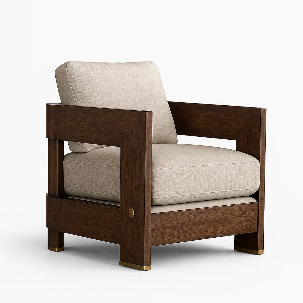 Fauteuil club en bois massif avec coussins en polyester beige