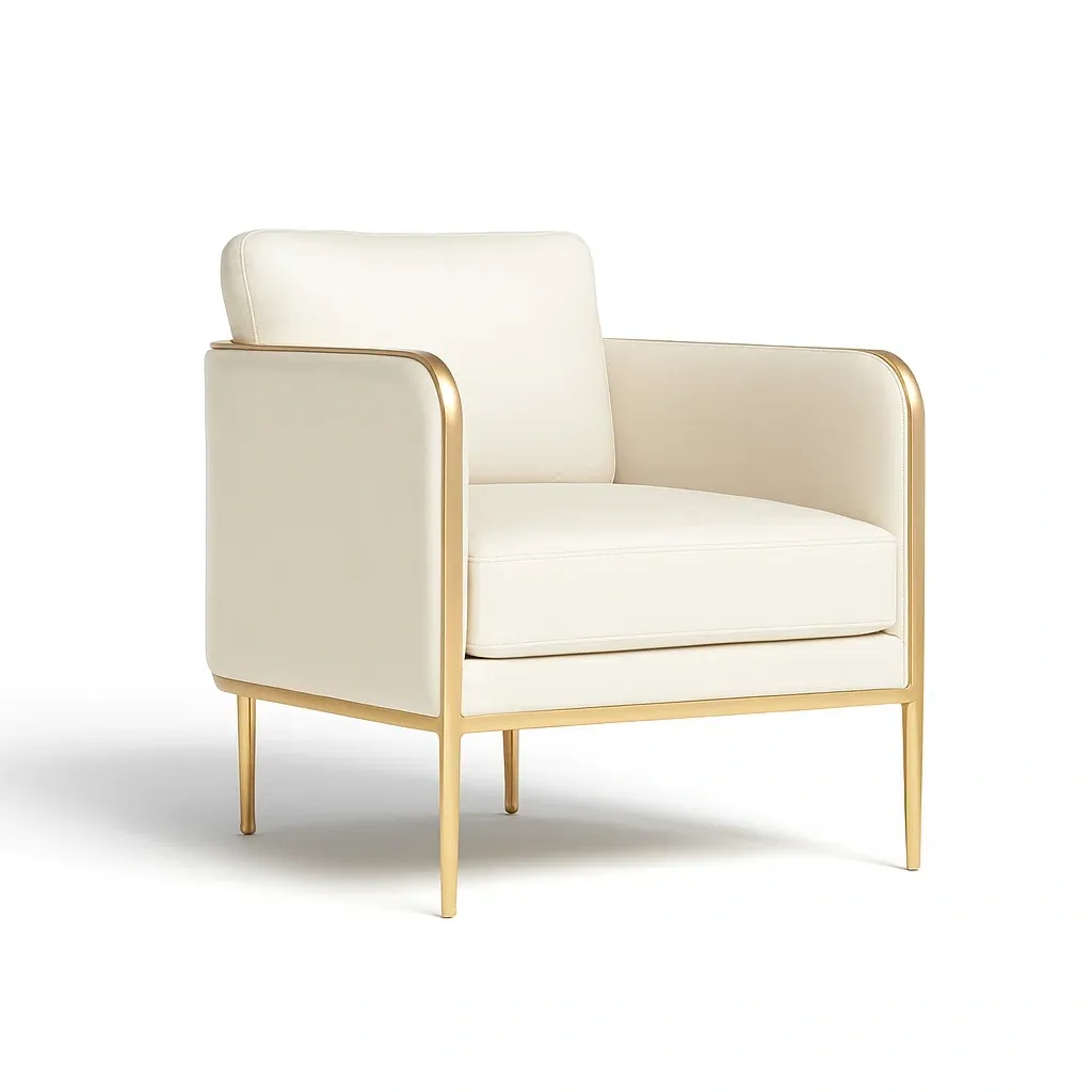 Fauteuil club en cuir synthétique blanc avec cadre en métal doré