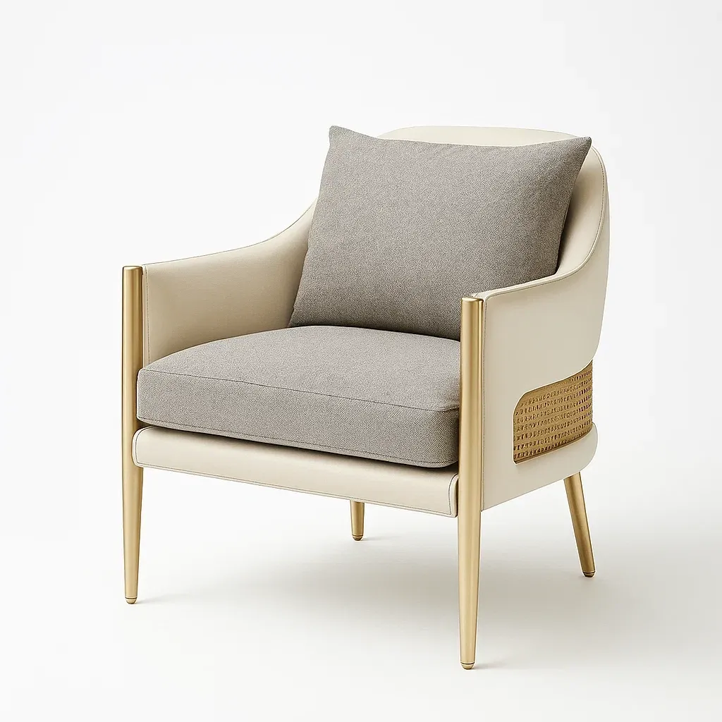 Fauteuil club en tissu et similicuir beige avec cadre en métal doré