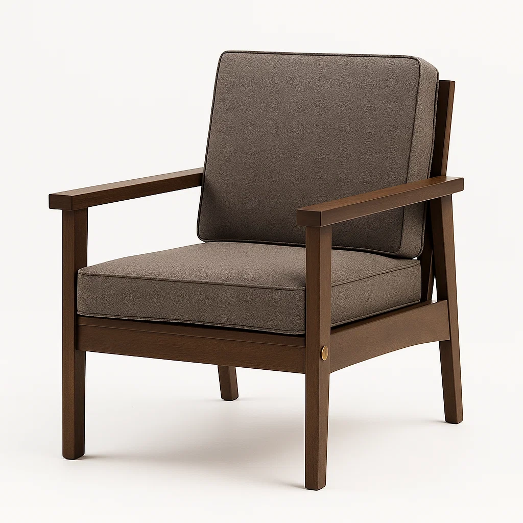 Fauteuil club en bois avec coussins en tissu marron