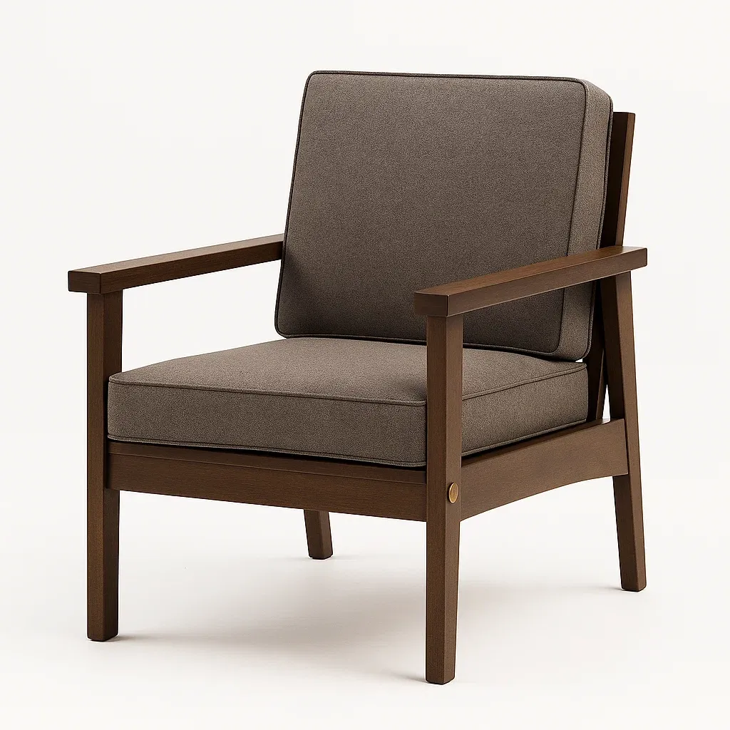 Fauteuil club en bois avec coussins en tissu marron