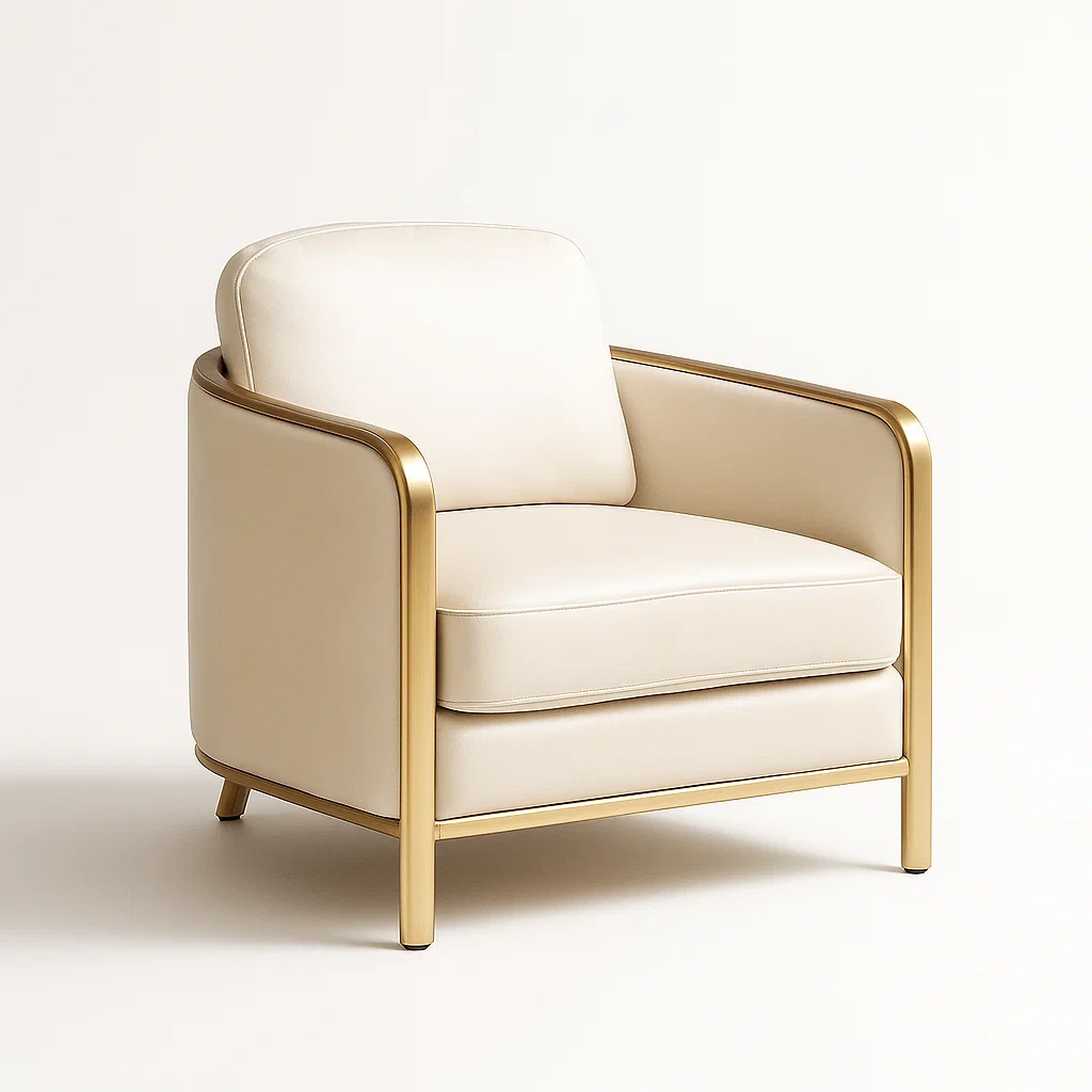 Fauteuil club en cuir PU beige avec structure en métal doré