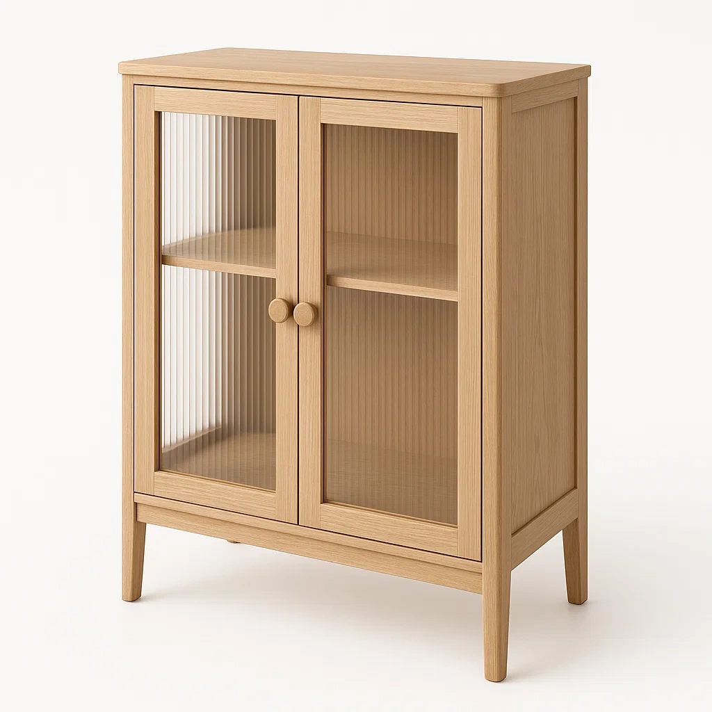 Vitrine d'exposition en bois avec portes vitrées cannelées chêne clair 80×40×120 cm