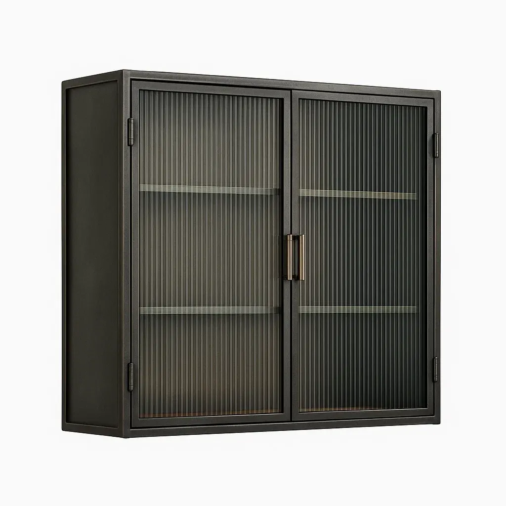 Vitrine d'exposition murale en métal et verre cannelé noir