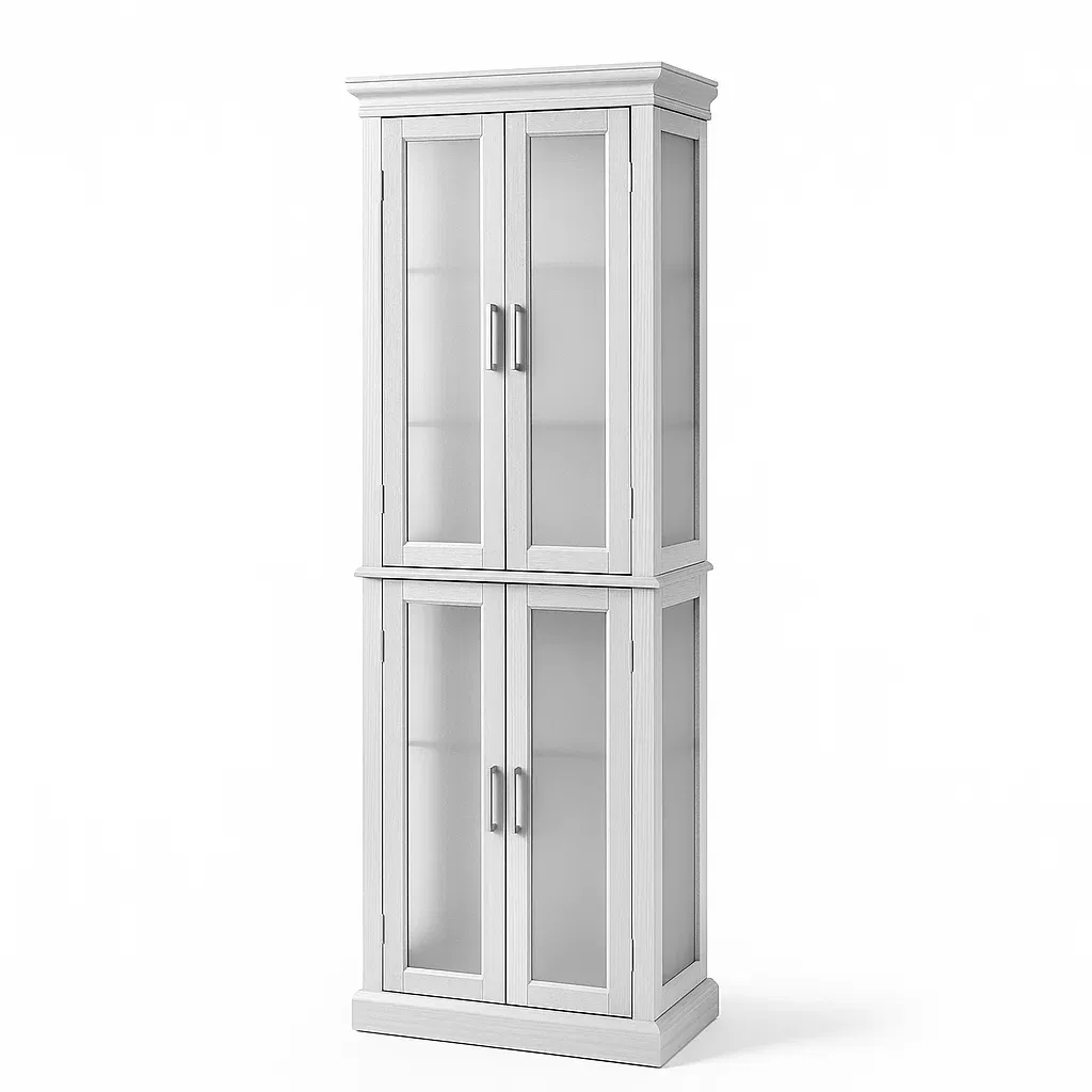 Vitrine d'exposition en bois blanc avec portes en verre trempé