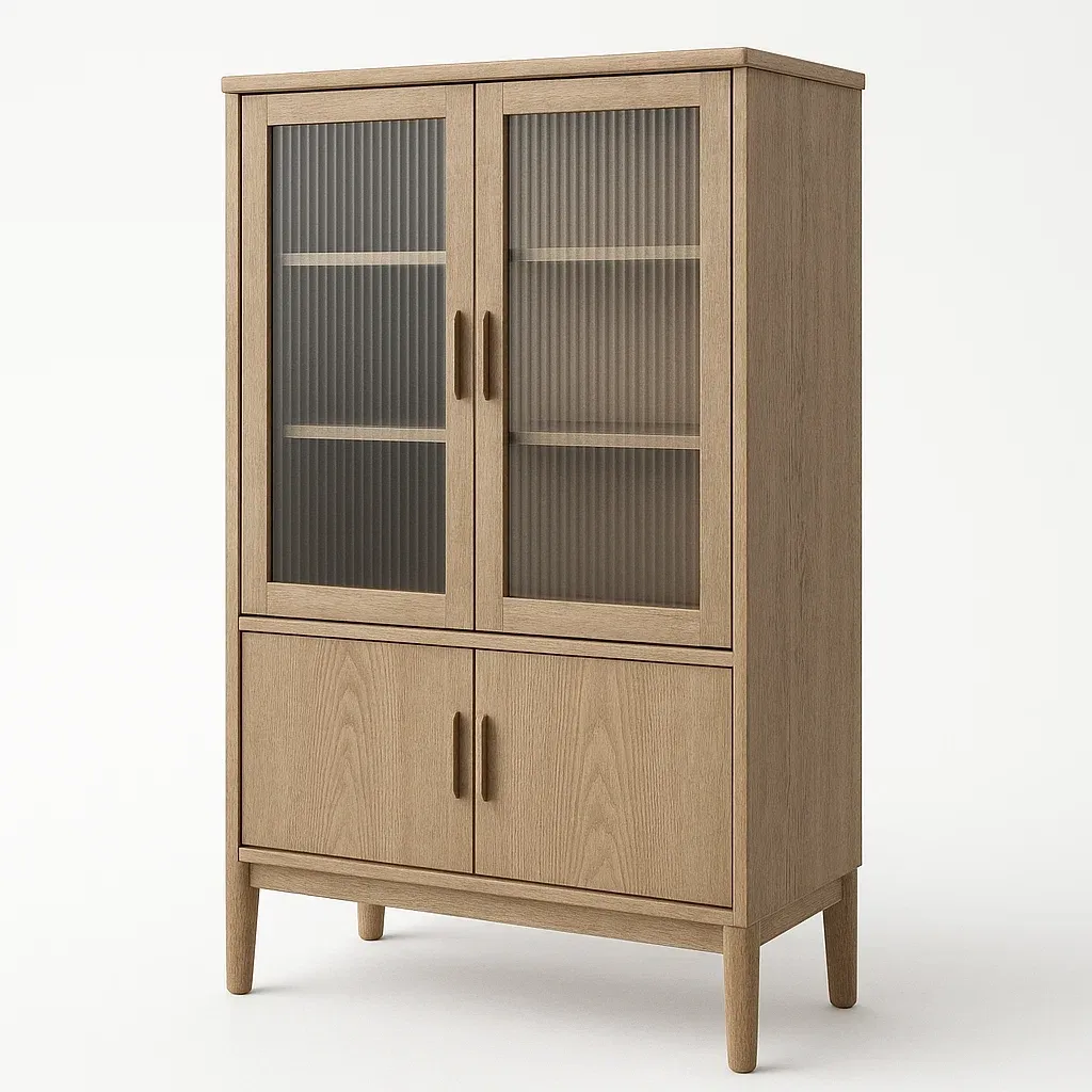 Vitrine d'exposition en bois avec portes en verre cannelé