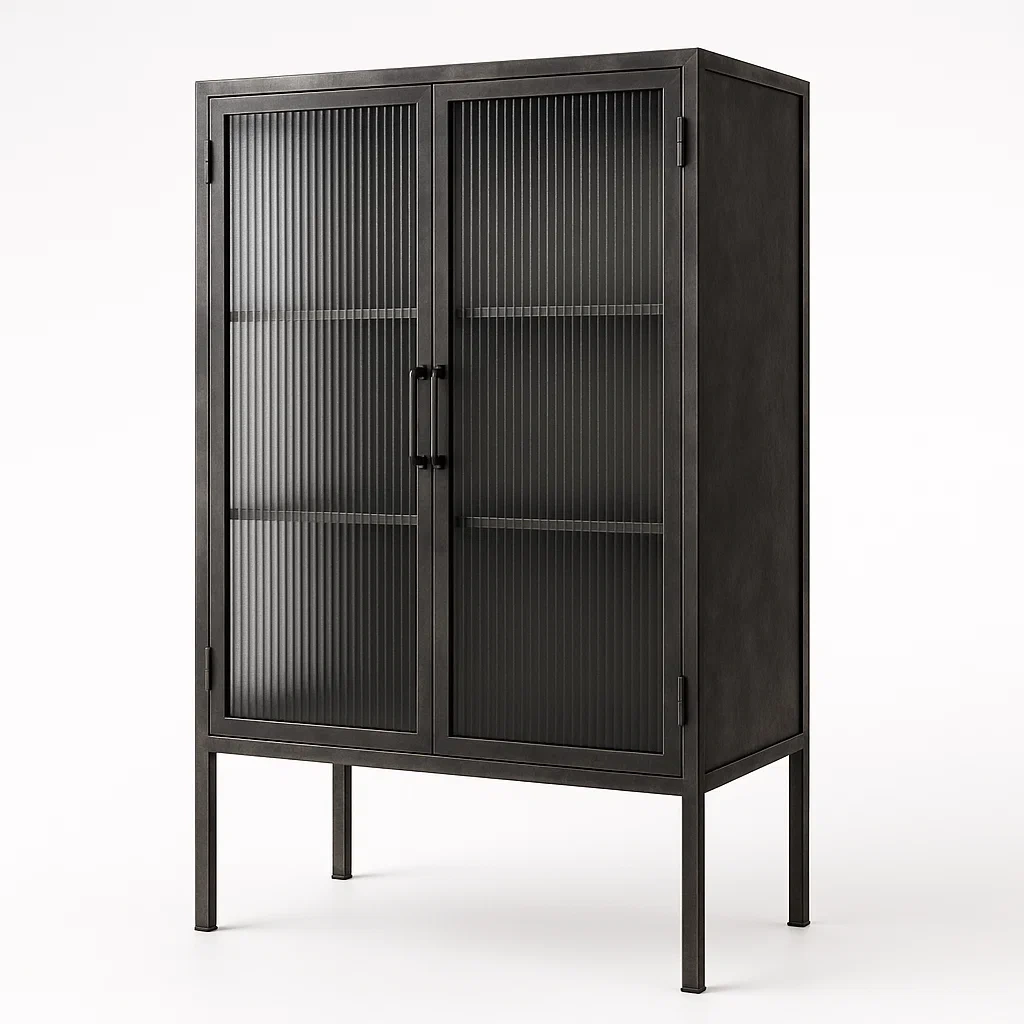 Vitrine d'exposition métallique noire avec portes en verre cannelé 180×90×40 cm