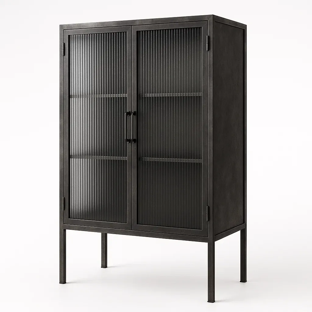 Vitrine d'exposition métallique noire avec portes en verre cannelé 180×90×40 cm