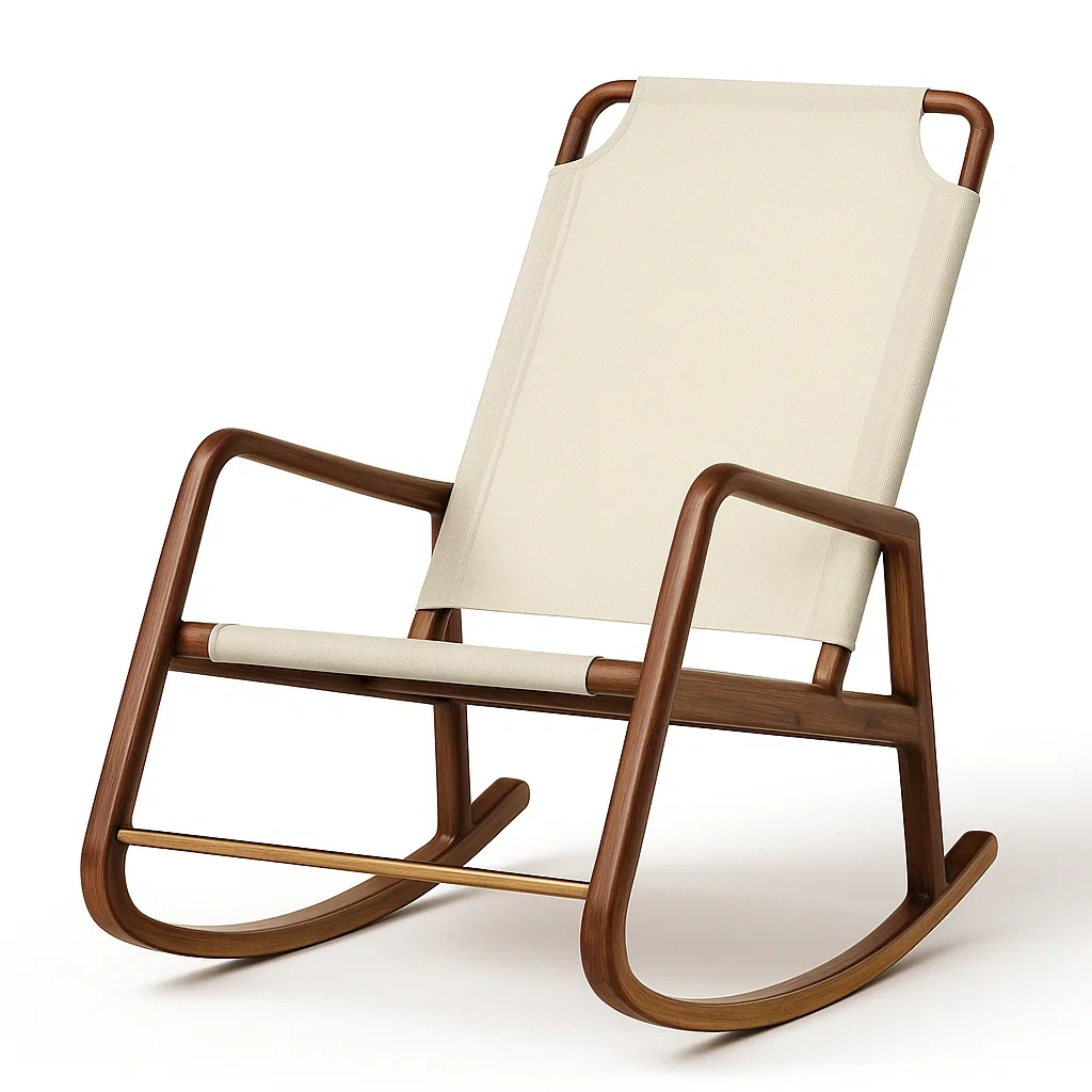 Chaise à bascule en bois et tissu beige