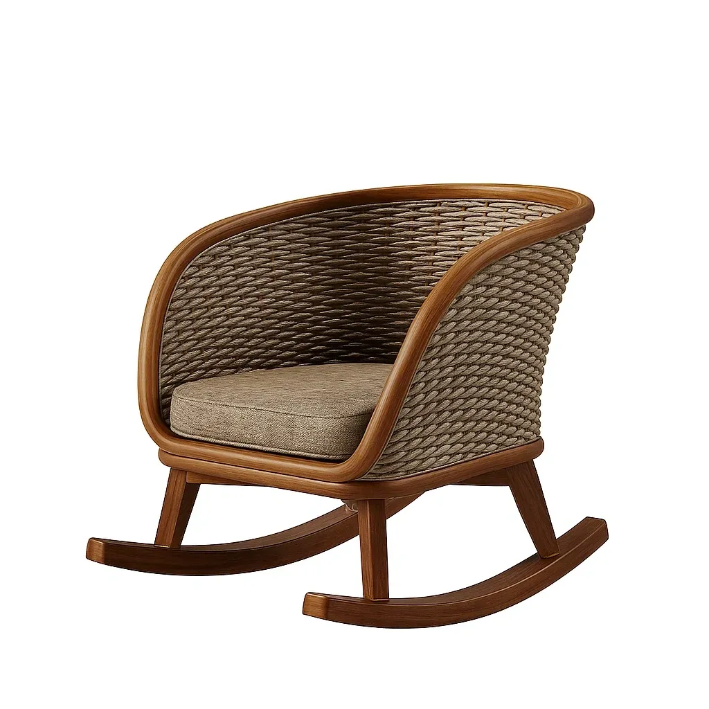 Chaise à bascule en bois et rotin avec coussin beige