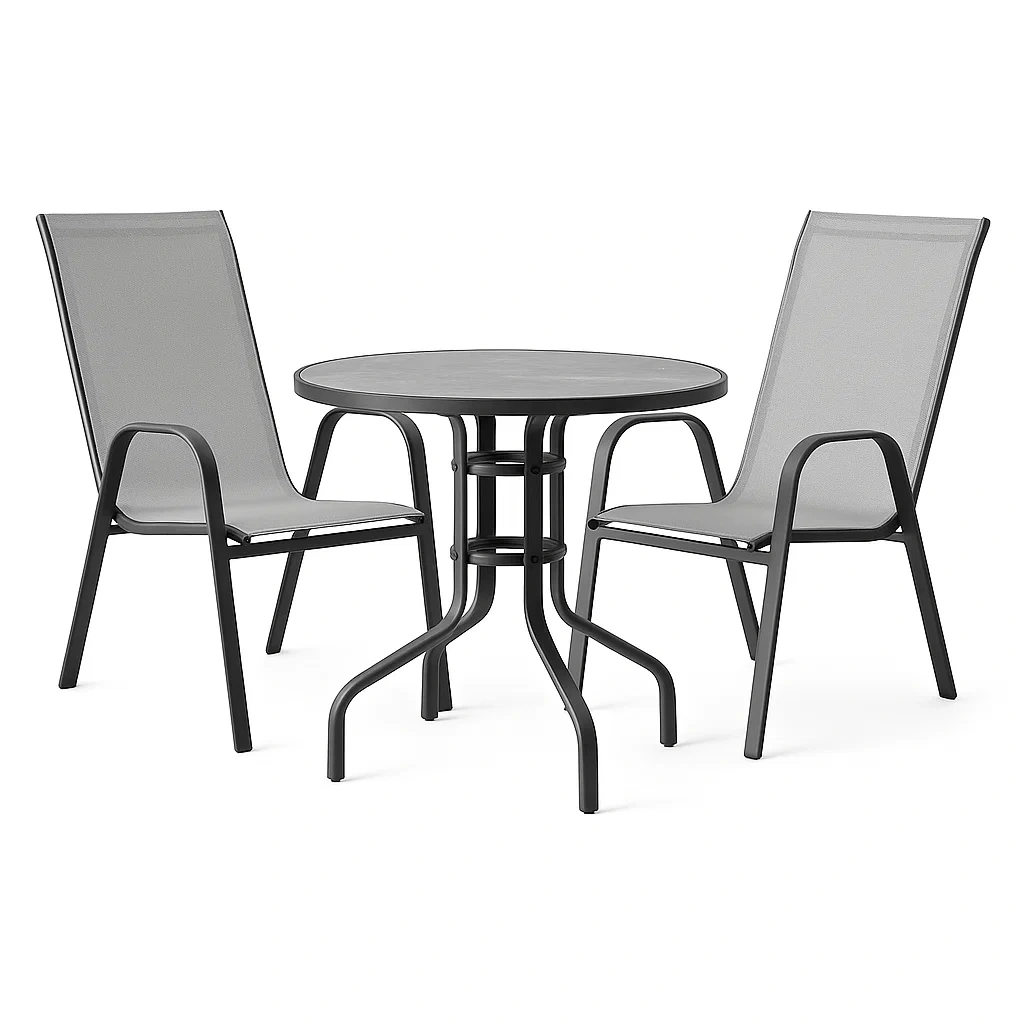 Ensemble table et chaise avec table ronde en verre trempé et chaises en acier et textilène