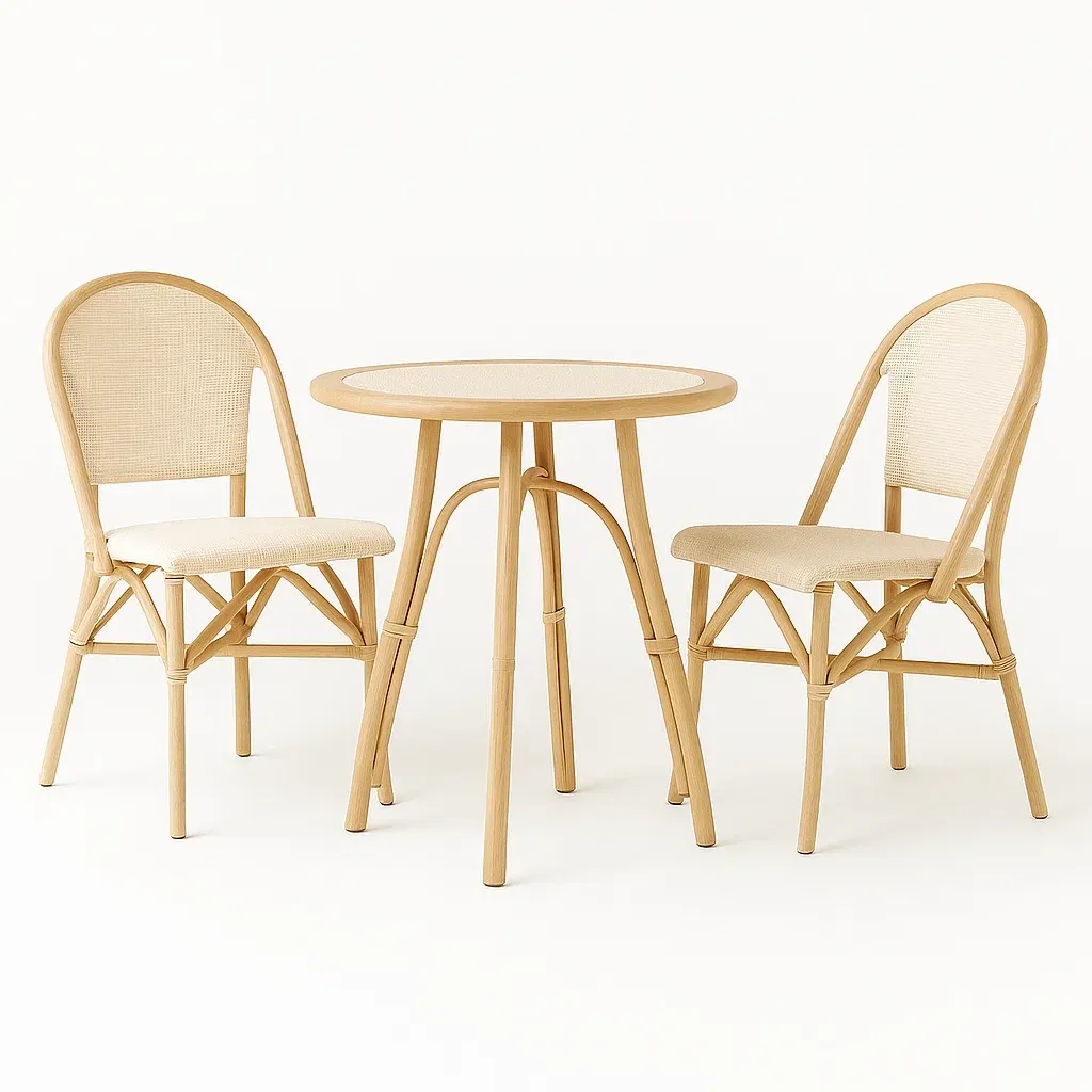 Ensemble table et chaise avec table ronde et 2 chaises en rotin et bois beige