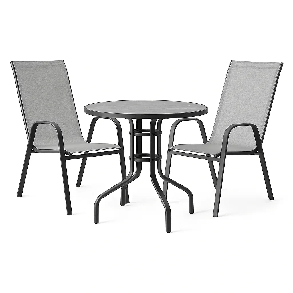 Ensemble table et chaise avec table ronde en verre trempé et chaises en acier et textilène