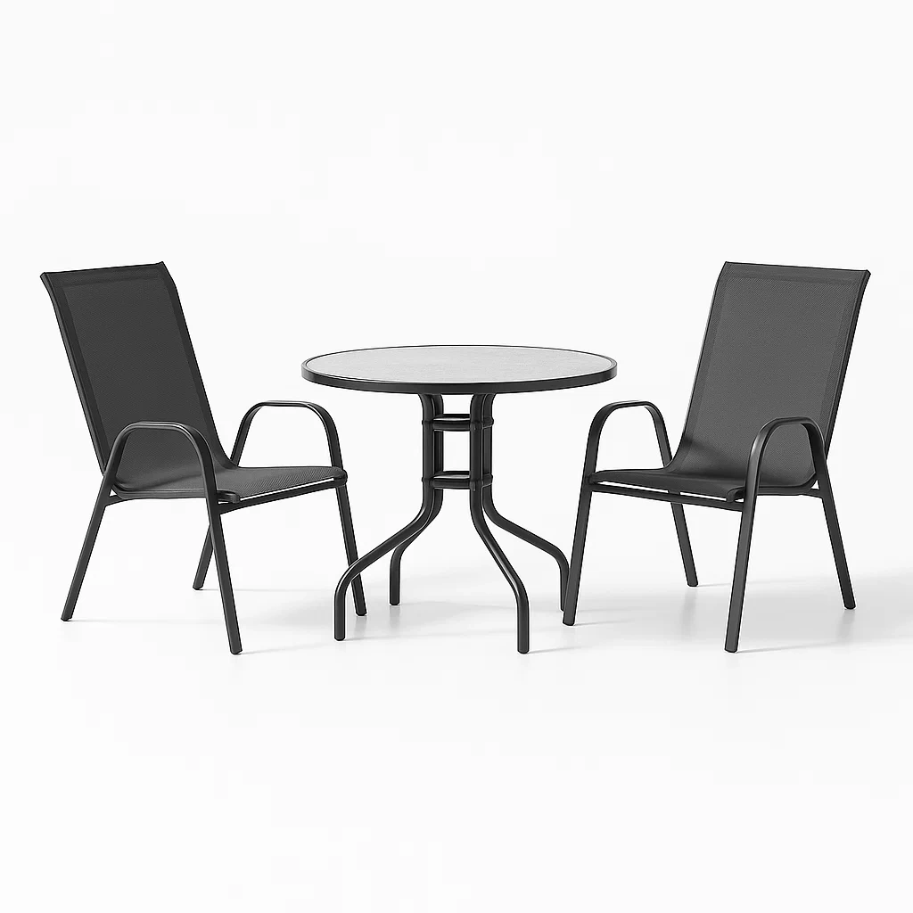 Ensemble table ronde en métal avec plateau en verre trempé et chaises assorties