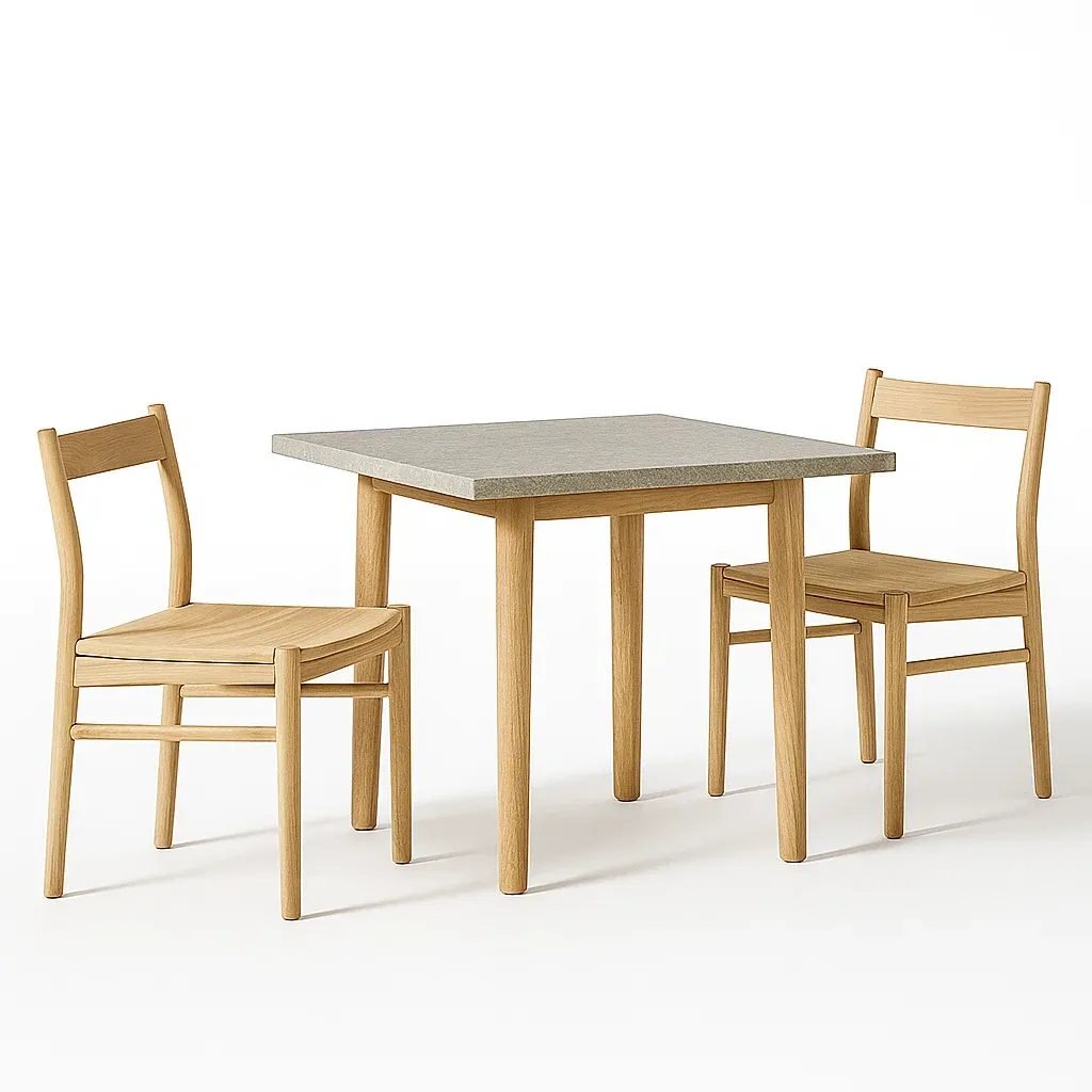 Ensemble table et chaise avec table carrée à plateau en pierre composite et chaises en bois de chêne