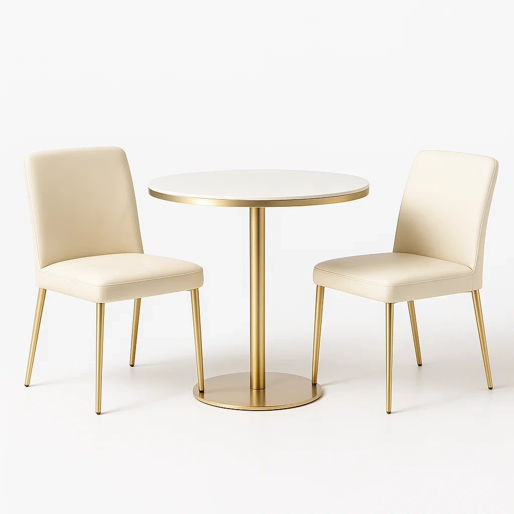Ensemble table et chaise avec table ronde et 2 chaises en similicuir beige et métal doré