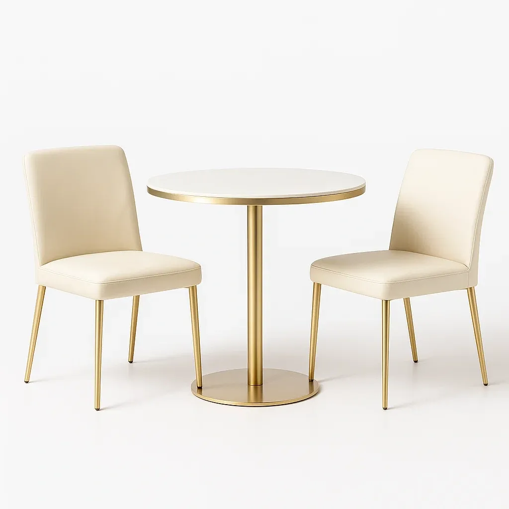 Ensemble table et chaise avec table ronde et 2 chaises en similicuir beige et métal doré