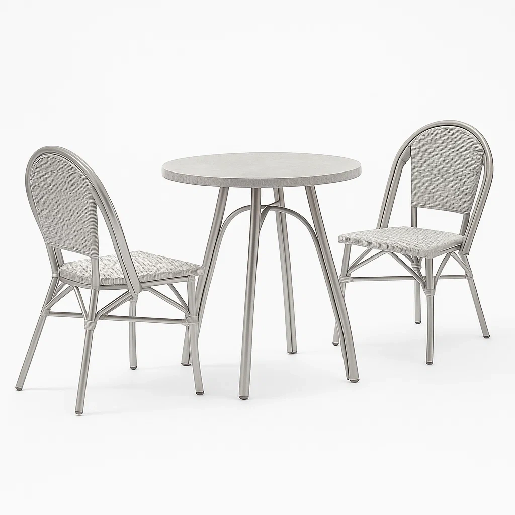 Ensemble table et chaise avec table ronde et 2 chaises en aluminium et résine tressée gris