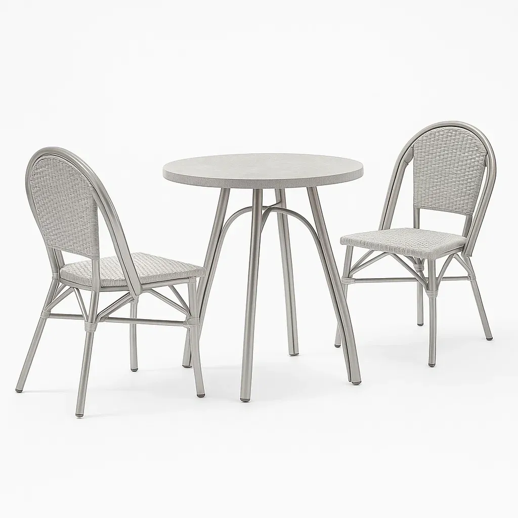 Ensemble table et chaise avec table ronde et 2 chaises en aluminium et résine tressée gris