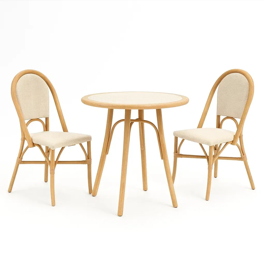 Ensemble table et chaise avec table ronde et 2 chaises en bois de hêtre et tissu