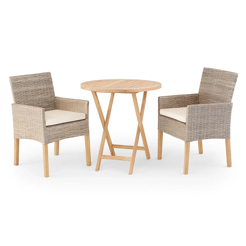 Ensemble compact de meubles de jardin en bois et résine avec table ronde et deux chaises