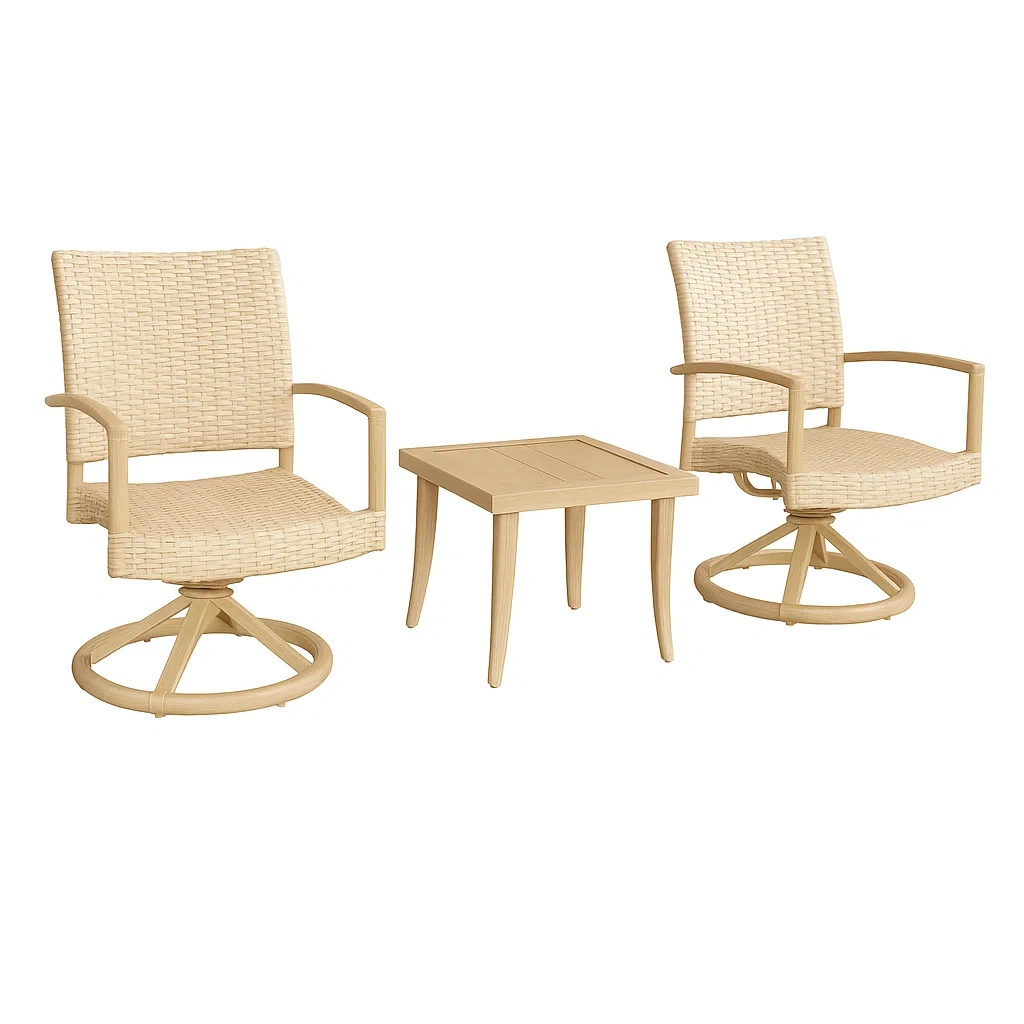 Ensemble compact de chaises pivotantes en résine tressée beige avec table carrée en aluminium
