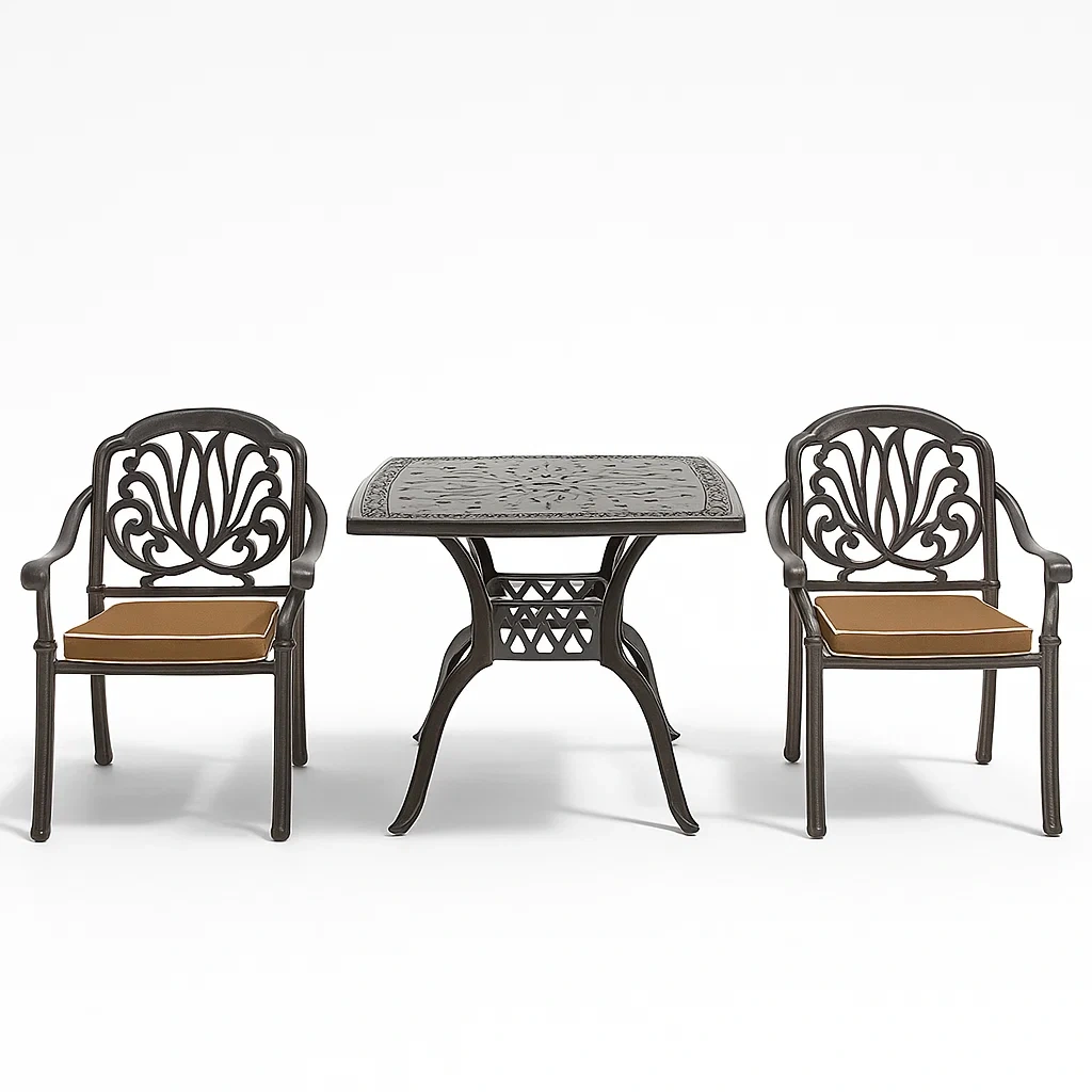 Ensemble compact de mobilier de jardin en aluminium avec table carrée, deux chaises et coussins