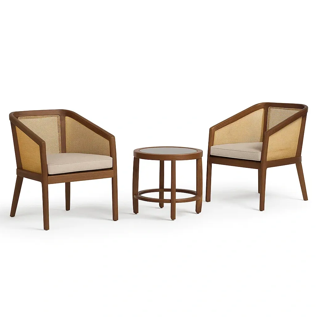 Ensemble compact de fauteuils et table en bois et rotin brun