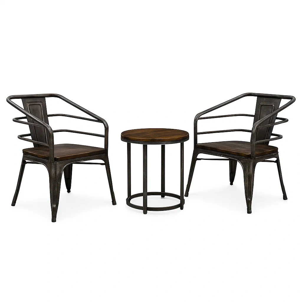 Ensemble compact de 2 chaises et table d'appoint en bois et métal marron foncé
