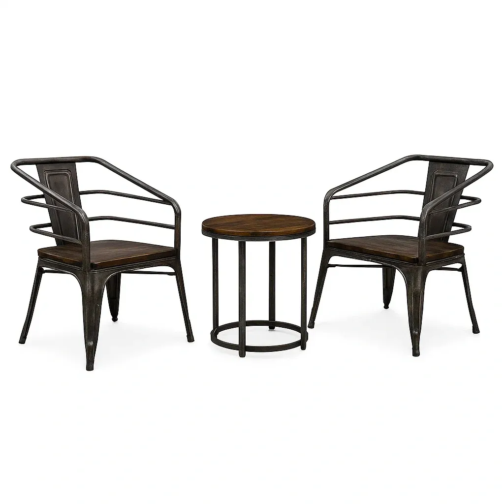 Ensemble compact de 2 chaises et table d'appoint en bois et métal marron foncé