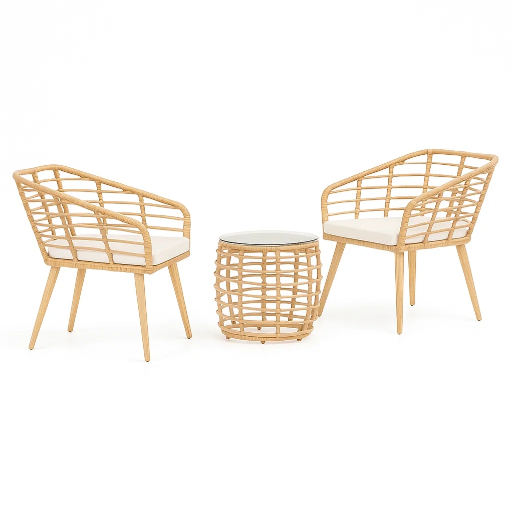 Ensemble compact de chaises et table en rotin avec coussins blancs