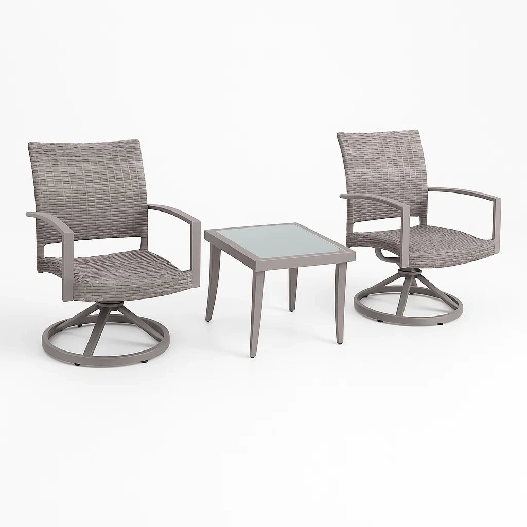 Ensemble compact de chaises pivotantes en rotin synthétique avec table en verre trempé