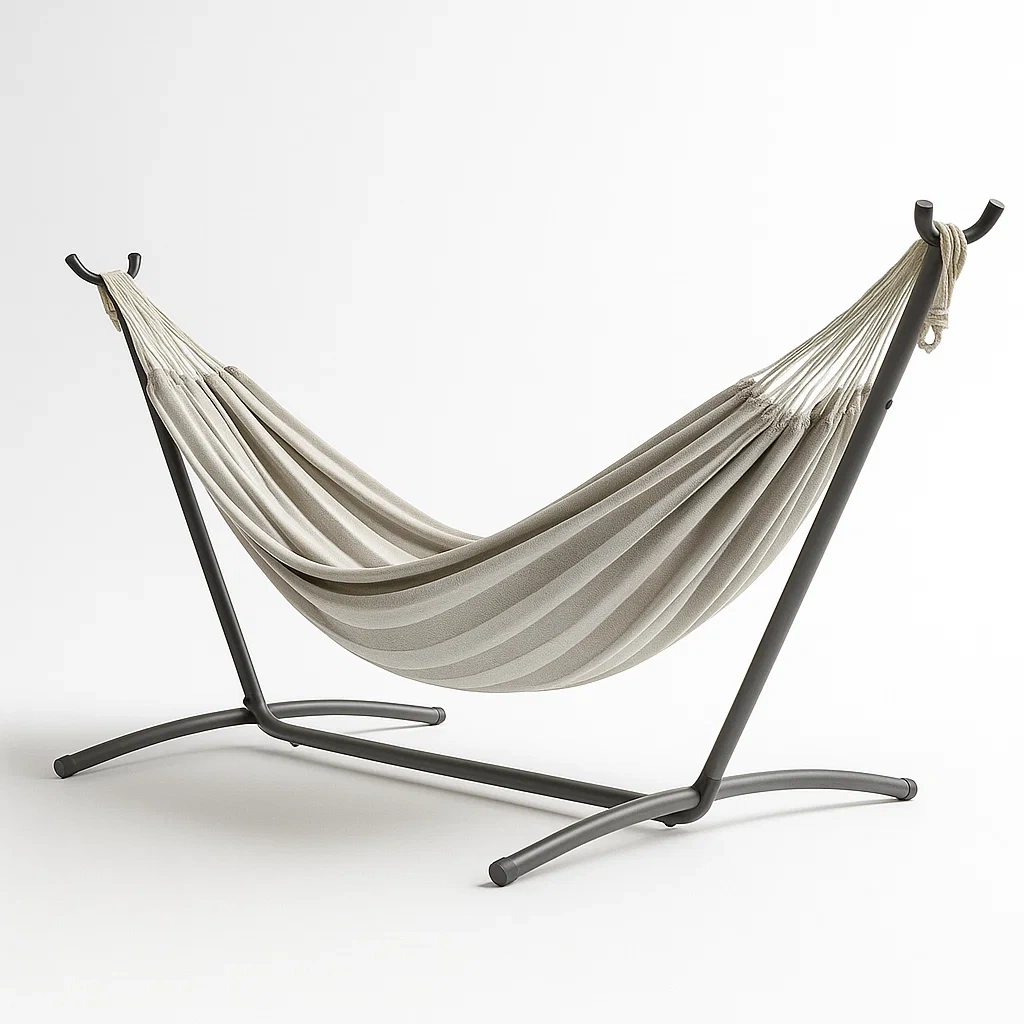 Hamac avec support en métal et toile en coton gris rayé