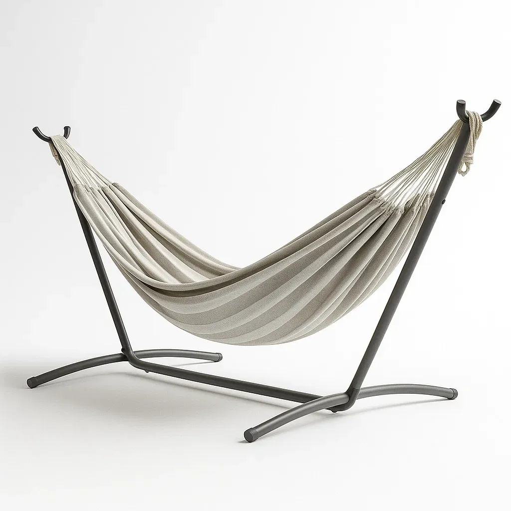 Hamac avec support en métal et toile en coton gris rayé