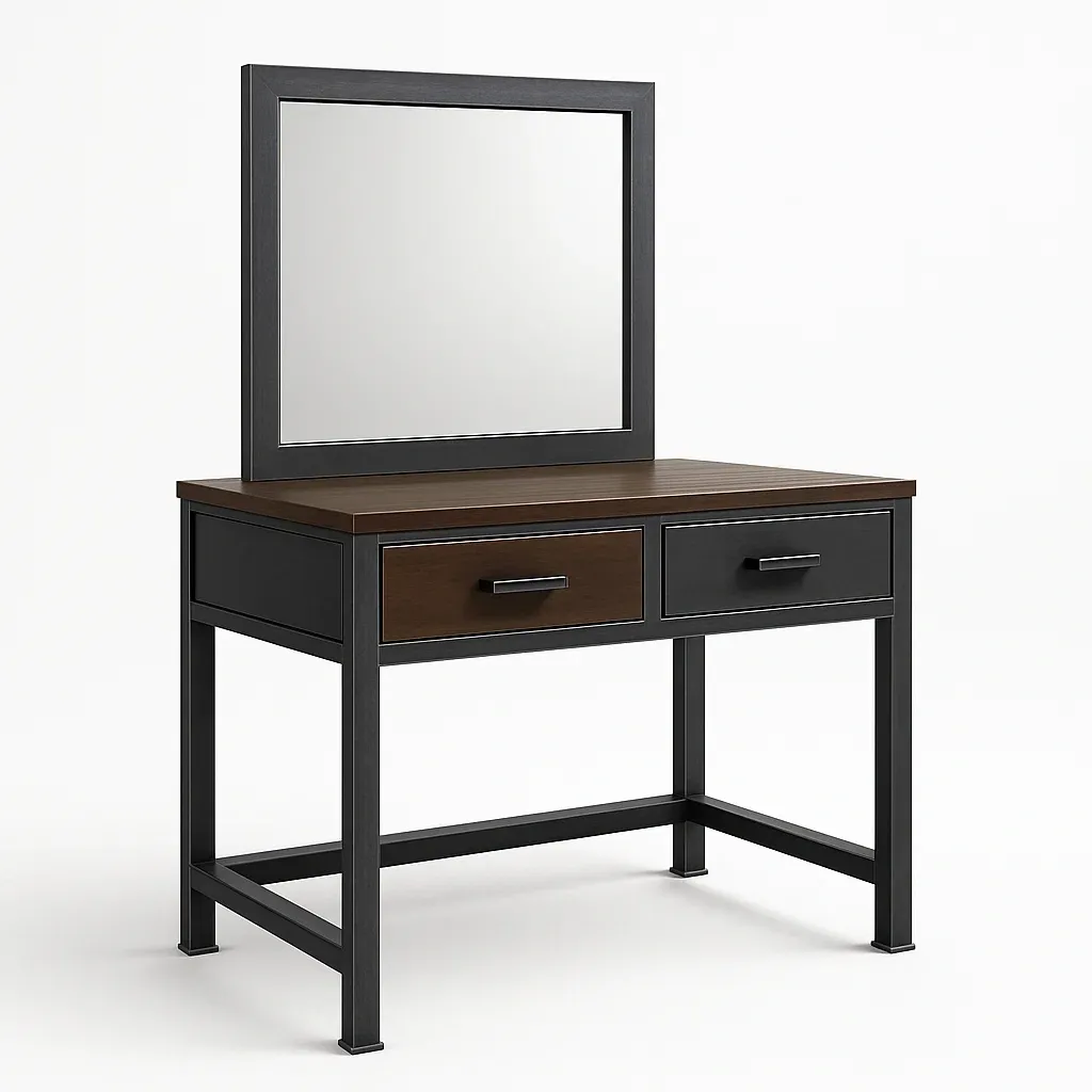 Coiffeuse en bois et métal avec miroir et 2 tiroirs 100×50×140 cm