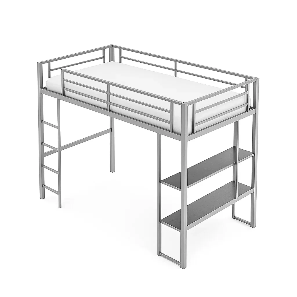 Lit mezzanine en métal avec échelle et étagères gris